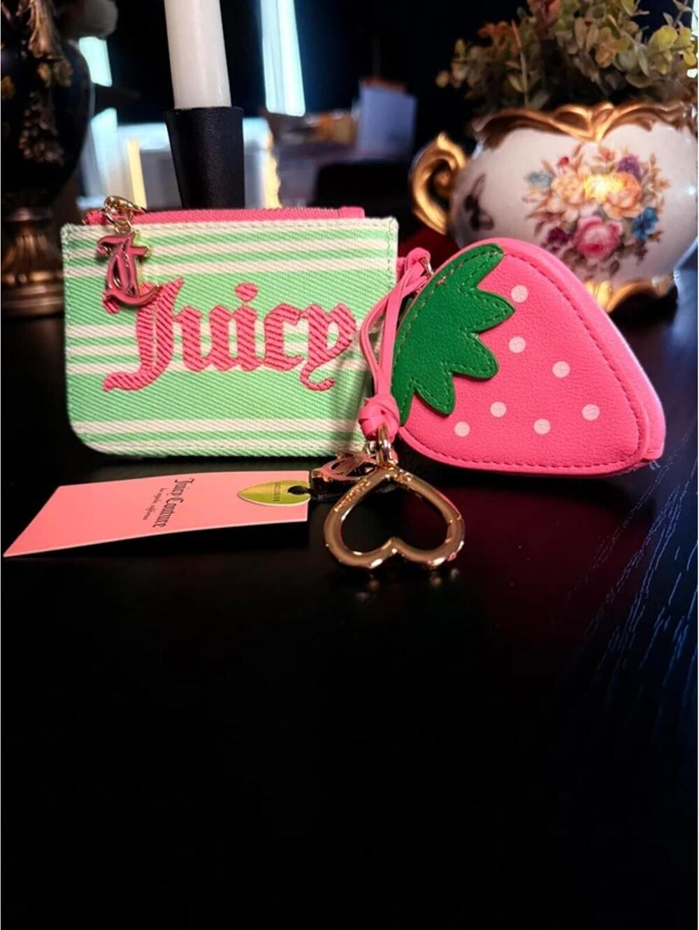 Juicy Couture Strawberry Coin Purse & Card Holder Set Green Pink Bag Charm NWT